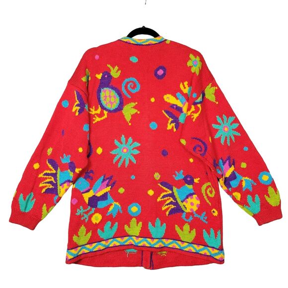 CHRISTINE FOLEY Vintage Red Artsy Folk Bird Knitted Art To Wear Cardigan SIZE 2 - Picture 2 of 13